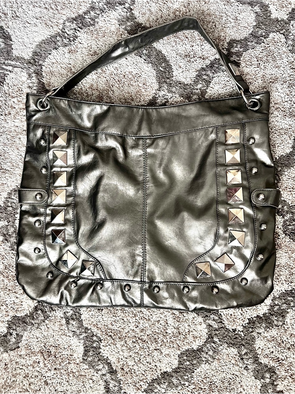 Vintage Y2K Pewter Metallic Faux Leather Studded Hobo Shoulder Bag